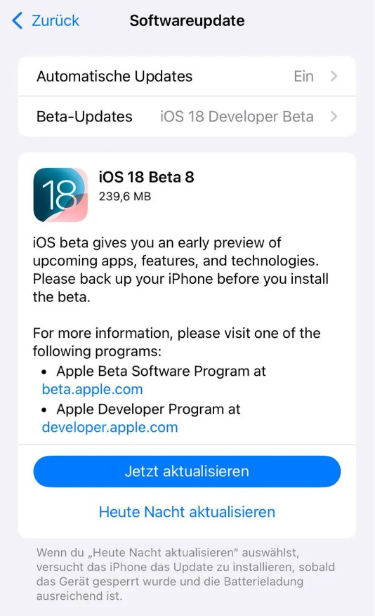 永安坝街道苹果手机维修分享苹果 iOS / iPadOS 18 开发者预览版 Beta 8 发布 